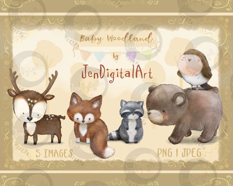 Puede incluir: Un conjunto de ilustraciones digitales titulado Baby Woodland de JenDigitalArt que presenta cinco animales del bosque, incluyendo un ciervo, un zorro, un mapache, un oso y un p&aacute;jaro. El texto Baby Woodland, by, JenDigitalArt, 5 IMAGES y PNG I JPEG es visible.