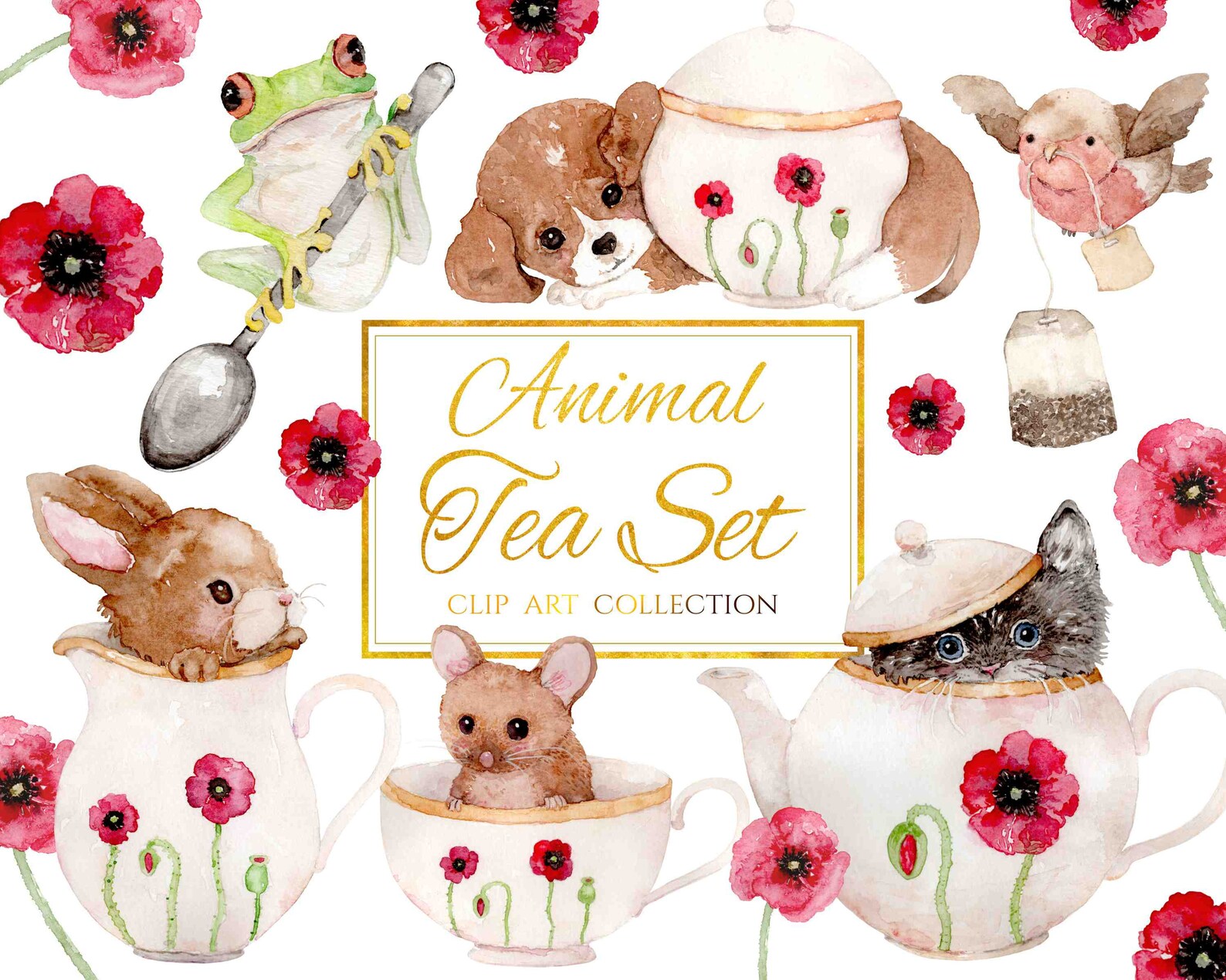 Animal Tea Set Clip Art Collection 8 Watercolour PNG Etsy