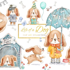 Life of a Dog | 39 Watercolour Elements | PNG Files | Clip Art Graphics | Cute Dog Clipart