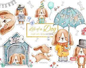 Hundeleben | 39 Aquarell-Elemente | PNG-Dateien | Clip-Art-Grafik | Süsser Hund Clipart