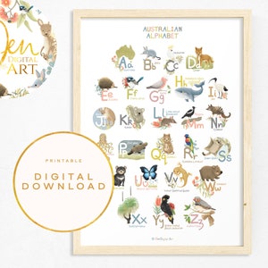 Póster del alfabeto australiano / Impresión del alfabeto / Póster ilustrado de animales / Alfabeto australiano A-Z para guardería / Aula infantil / Descarga digital