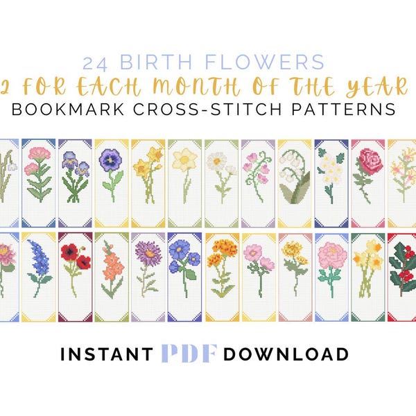 Birth Flower Bookmark Cross Stitch Pattern Set (PDF Download)
