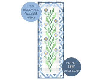 Blue Floral Cross Stitch Bookmark Pattern - Instant PDF Download