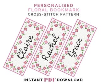 Floral Personalised Bookmark Cross Stitch Pattern PDF – Alphabet Included – Custom Name Bookmark Instant Download