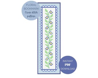 Blue Border Floral Cross Stitch Bookmark Pattern - Instant PDF Download