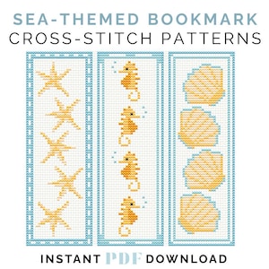 May include: Sea-themed cross-stitch patterns for bookmarks. Designs include starfish, seahorses, and seashells in shades of yellow and orange, set against a light blue and white background. The text "Sea-Themed Bookmark Cross-Stitch Patterns" and "Instant PDF Download" are displayed.