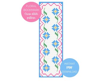 Pink & Blue Floral Cross Stitch Bookmark Pattern - Instant PDF Download