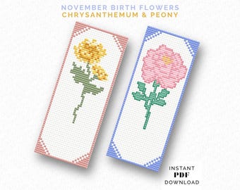 Birth Flower Cross Stitch PDF pattern bookmark set - November (Chrysanthemum & Peony)