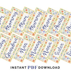 May include: A collection of 16 cross-stitch bookmark designs with family-related words like "Mom," "Granny," and "Aunt." Each bookmark features a floral border and the words are in a blue script font. The words "Family Bookmark" and "Instant PDF Download" are also visible.
