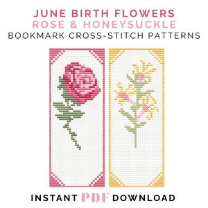 Birth Flower Cross Stitch PDF pattern bookmark set - June (Rose & Honeysuckle)