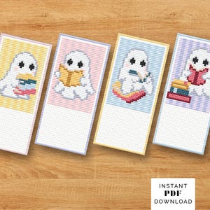 May include: Four rectangular cross-stitch patterns featuring white ghosts reading books. Each ghost is set against a different pastel-colored striped background: yellow, pink, blue, and purple. Below each ghost is a blank white grid area for customization.