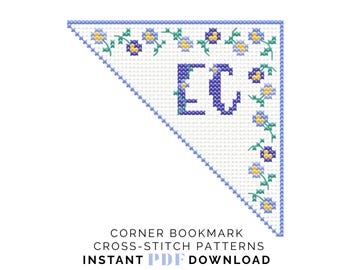 Personalised floral cross stitch corner bookmark - Instant PDF Download - Alphabet included
