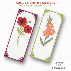 Birth Flower Cross Stitch PDF pattern bookmark set - August (Poppy & Gladiolus)