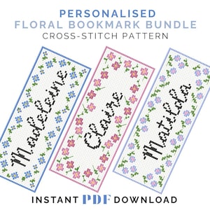 Op de afbeelding: Drie gepersonaliseerde bloemenbladwijzerpatronen met de namen Madeline, Claire en Matilda in zwarte kruissteek. Elke bladwijzer heeft een bloemenrand in blauw, roze en paars. De tekst "PERSONALIZED FLORAL BOOKMARK BUNDLE CROSS-STITCH PATTERN" staat bovenaan.
