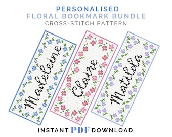 Three Floral Bookmark Cross Stitch Patterns Bundle – Personalised Name Design (PDF Pattern)