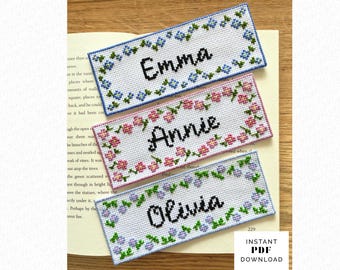 Floral Bookmark Cross Stitch Pattern Bundle Set of 3 – Personalised Name Design (PDF Download)