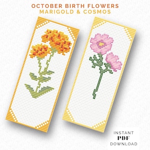 Birth Flower Cross Stitch PDF pattern bookmark set - October (Marigold & Cosmos)