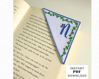 Personalised floral cross stitch corner bookmark - Instant PDF Download - Alphabet included