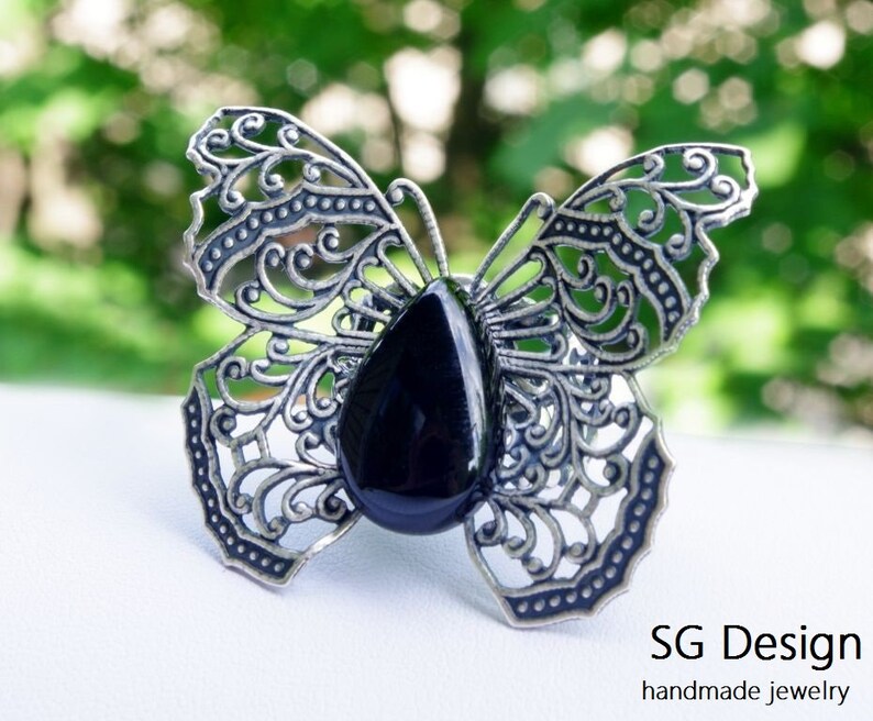 Gift for her Girls jewelry Ring 3D Butterfly Silver Ring Black Onyx Natural Onyx Wedding Jewelry Butterfly Set Wedding butterfly set