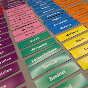 May include: A collection of rectangular adhesive labels organized in columns, featuring various colors including purple, pink, blue, orange, yellow, and green. Each label displays the name of a book from the Bible in clear, bold text.