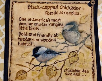 Chickadees A Whole-Cloth Cotton Print with Dusty Blue Background Potholder Great Gift Idea Adorable