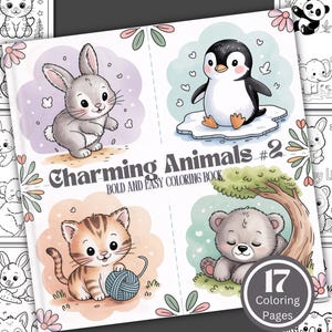 May include: A coloring book titled "Charming Animals #2" with illustrations of a bunny, penguin, kitten, and bear. The cover features the text "BOLD AND EASY COLORING BOOK" and "17 Coloring Pages". The book is filled with cute animal drawings.