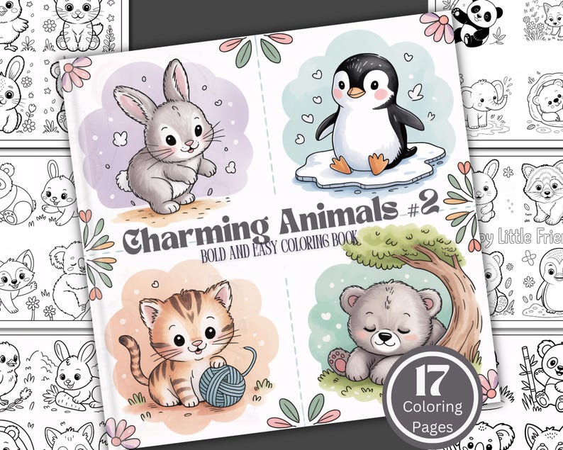 May include: A coloring book titled "Charming Animals #2" with illustrations of a bunny, penguin, kitten, and bear. The cover features the text "BOLD AND EASY COLORING BOOK" and "17 Coloring Pages". The book is filled with cute animal drawings.