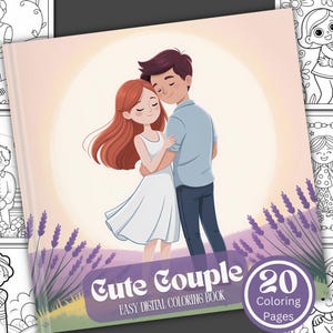 以下が含まれることがあります： 「Cute Couple」というタイトルのデジタル塗り絵本で、20ページの塗り絵があります。表紙には、ラベンダー畑と柔らかく暖かい背景を背景に、抱き合う漫画のカップルが描かれています。この本は、白黒の塗り絵に囲まれています。