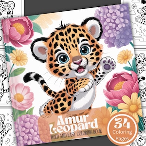 May include: A colorful Amur Leopard coloring book with a cartoon leopard illustration on the cover. The cover features a smiling leopard cub with orange and black spots, surrounded by pink and yellow flowers. The book has 34 coloring pages.