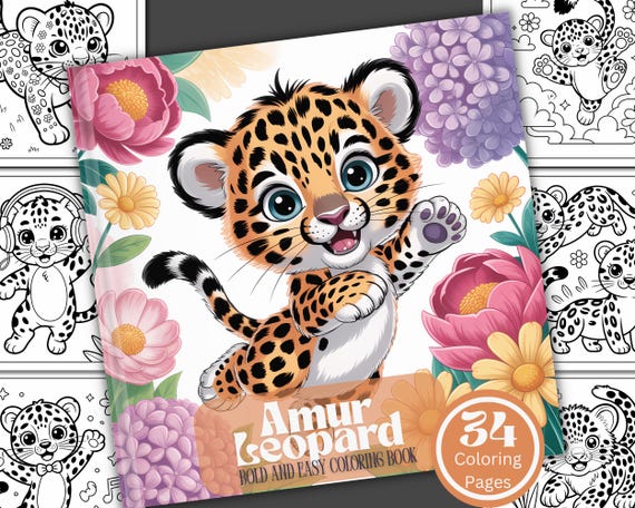 Amur Leopard Coloring Book: 34 Kawaii Animal Pages (Digital Download)