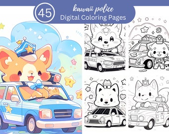 Kawaii Police Coloring Book Fun For All/45 Coloring Pages to Relax and Unwind, Clear Your Mind/Digital Download/Kawaii Fun