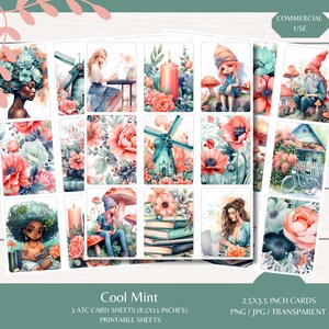Cool Mint ATC-kaarten - drie kaarten met kaarten van 8,5 x 11 - digitale download - ongewenste tijdschriften - kieskeurige sneden - scrapbooking - AI-gegenereerd