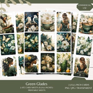 Green Glades ATC-kaarten - drie kaarten met kaarten van 8,5 x 11 - digitale download - ongewenste tijdschriften - kieskeurige bezuinigingen - scrapbooking - AI-gegenereerd