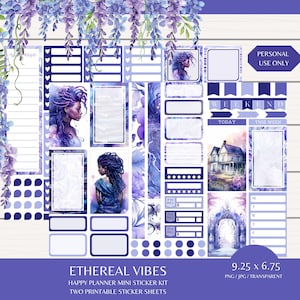 Peut inclure: Kit d'autocollants pour planificateur en aquarelle violet et bleu sur le thème floral. Le kit comprend une variété d'autocollants, dont une femme aux cheveux violets, une maison, une arche et une variété d'autres motifs. Le kit mesure 9,25 pouces par 6,75 pouces et est imprimé sur deux feuilles.