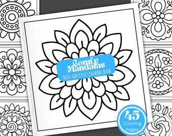 Mandalas Coloring Book: 45 Bold & Easy Kawaii Pages (Digital Download)