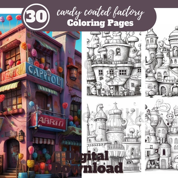 Candy Coated Factory 30 Coloring Pages/Relax and Unwind/Adult Coloring/Instant Digital Download/Building Coloring