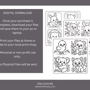May include: Black and white digital download of coloring pages featuring cute animals like a bunny, panda, chick, koala, and fox. The text on the left side says "DIGITAL DOWNLOAD" and provides instructions for downloading and printing the files.