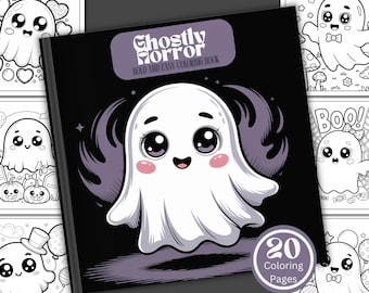 May include: A black coloring book titled "Ghostly Horror" with a cute ghost illustration. The cover features a white ghost with large eyes, pink cheeks, and a smiling mouth. The book has 20 coloring pages.