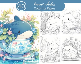 Cute Kawaii Whales Coloring Book Fun For All/40 Coloring Pages to Relax and Unwind, Clear Your Mind/Digital Download/Kawaii Fun