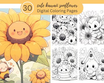 Cute Kawaii Sunflowers Coloring Book Fun For All/30 Coloring Pages to Relax and Unwind, Clear Your Mind/Digital Download/Floral