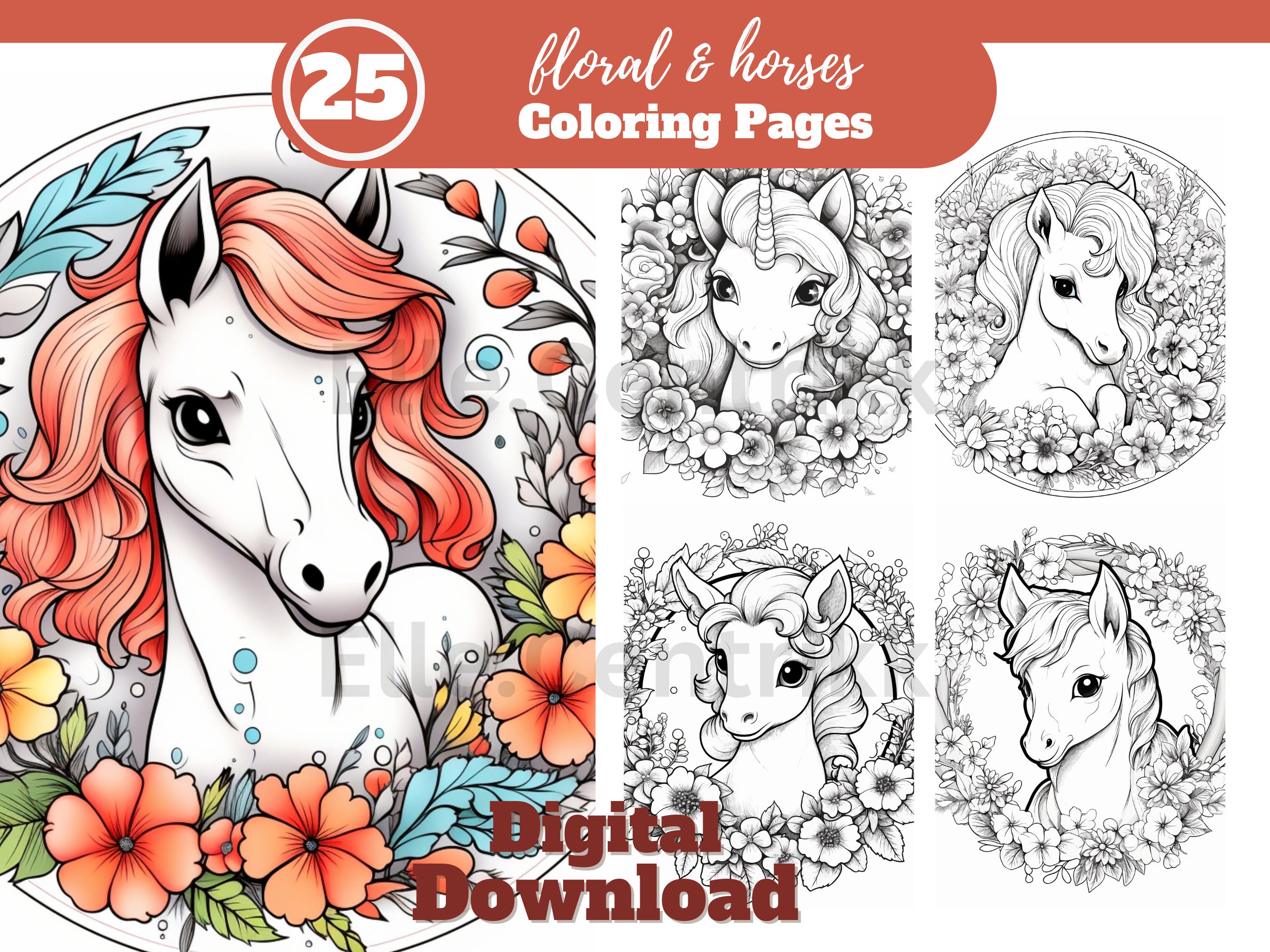 Floral &amp; Horses Set of 25 Coloring Pages/relax and Unwind/adult ...