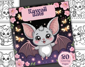Könnte beinhalten: Ein Malbuch mit dem Titel "Kawaii Bats" mit einer niedlichen Cartoon-Fledermaus auf dem Cover. Die Fledermaus ist grau mit großen Augen und rosa Akzenten. Das Cover ist mit rosa Blumen, Schmetterlingen und Sternen verziert. Das Buch hat 20 Malvorlagen.
