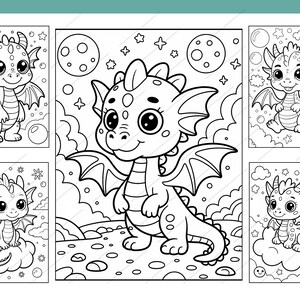 May include: Black and white line art illustrations of cute dragons in various poses. The dragons have large eyes, wings, and are surrounded by stars, moons, and clouds. Suitable for coloring books or children's art projects.