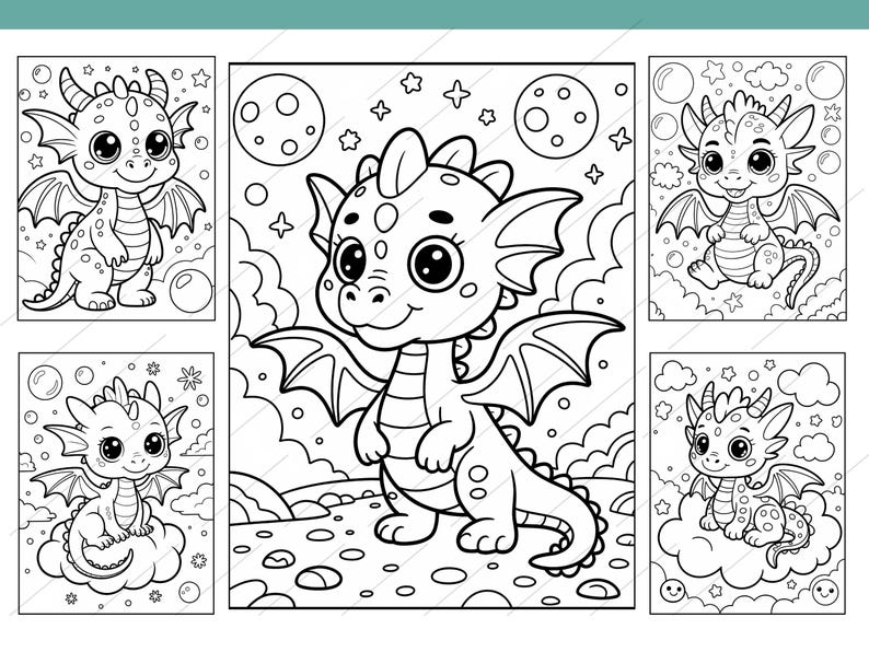 May include: Black and white line art illustrations of cute dragons in various poses. The dragons have large eyes, wings, and are surrounded by stars, moons, and clouds. Suitable for coloring books or children's art projects.