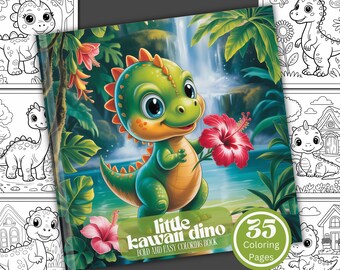 May include: A children's coloring book titled "Little Kawaii Dino" featuring a green dinosaur holding a red hibiscus flower. The cover art includes a waterfall and lush greenery. The book has 35 coloring pages.