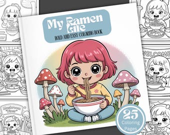 Puede incluir: Un libro para colorear titulado "My Ramen Life" con una niña de dibujos animados comiendo ramen. La portada presenta a una niña con pelo rosa, una camisa amarilla y pantalones azules. El libro tiene 25 páginas para colorear.