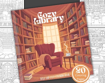 May include: A "Cozy Library" coloring book with a library scene on the cover. The illustration features a red armchair, a small table with a cup of coffee, and bookshelves filled with books. The book has 20 coloring pages.