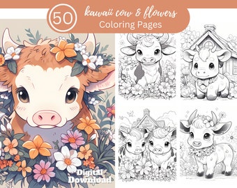 Kawaii Cow & Flowers Coloring Book Fun For All/50 Coloring Pages to Relax and Unwind, Clear Your Mind/Digital Download/Kawaii Cows