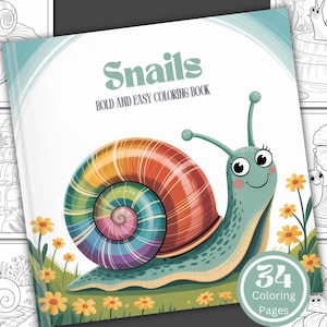 Puede incluir: Un libro para colorear titulado "Snails" con una ilustración de un caracol de dibujos animados. El caracol tiene una concha de color arcoíris y una cara sonriente. La portada del libro también presenta flores amarillas y el texto "BOLD AND EASY COLORING BOOK" y "34 Coloring Pages".