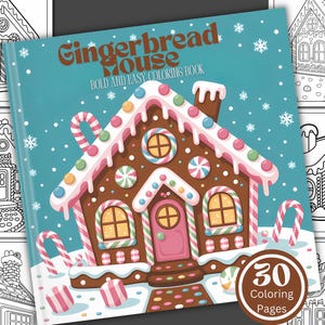 May include: A coloring book titled "Gingerbread House" with a teal cover featuring a colorful gingerbread house illustration. The gingerbread house has pink, white, and brown details, with candy cane accents and the text "BOLD AND EASY COLORING BOOK". The book has 30 coloring pages.